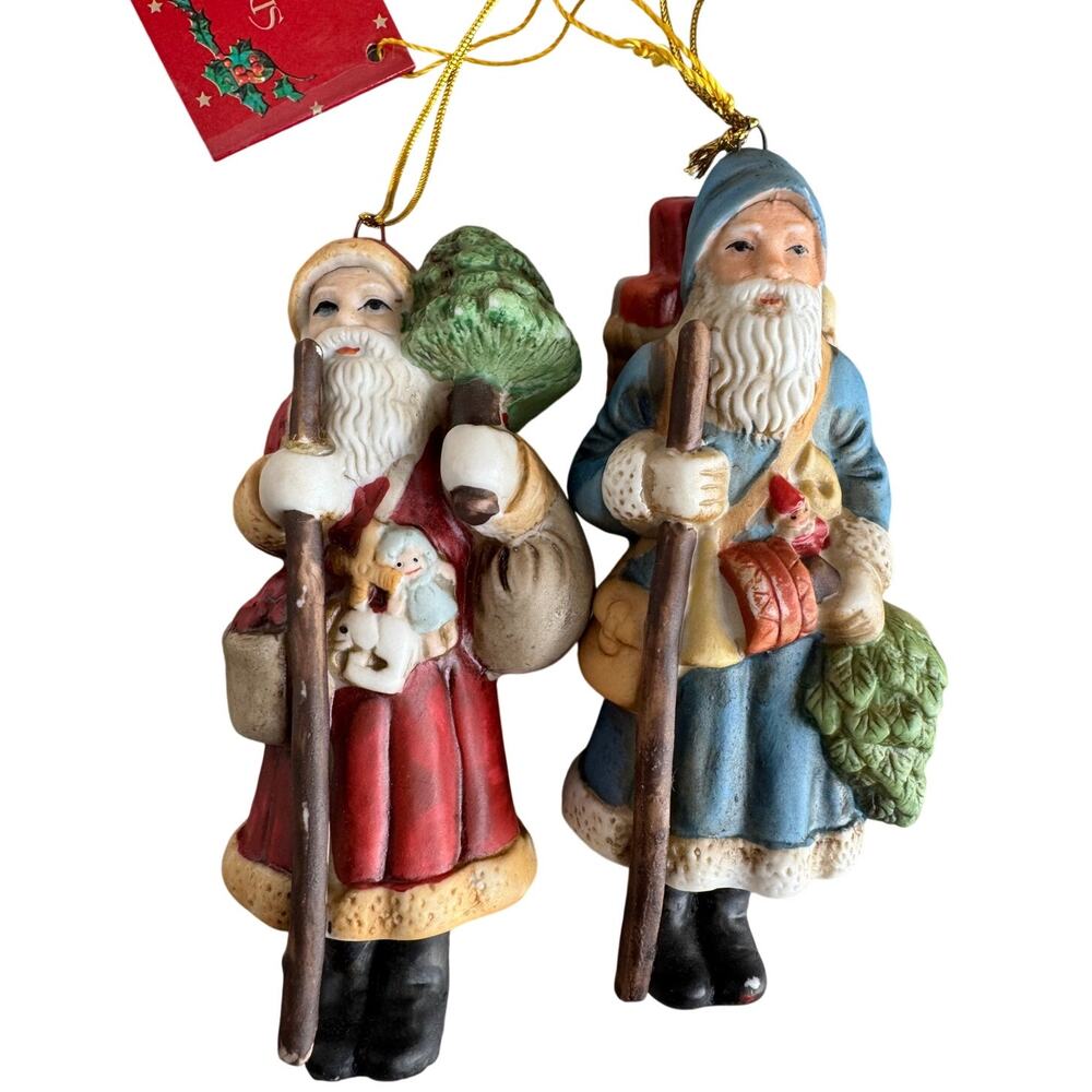 Vintage 1985 Enesco St Nicholas Circle Santa Shoppe Christmas Ornaments Set 2